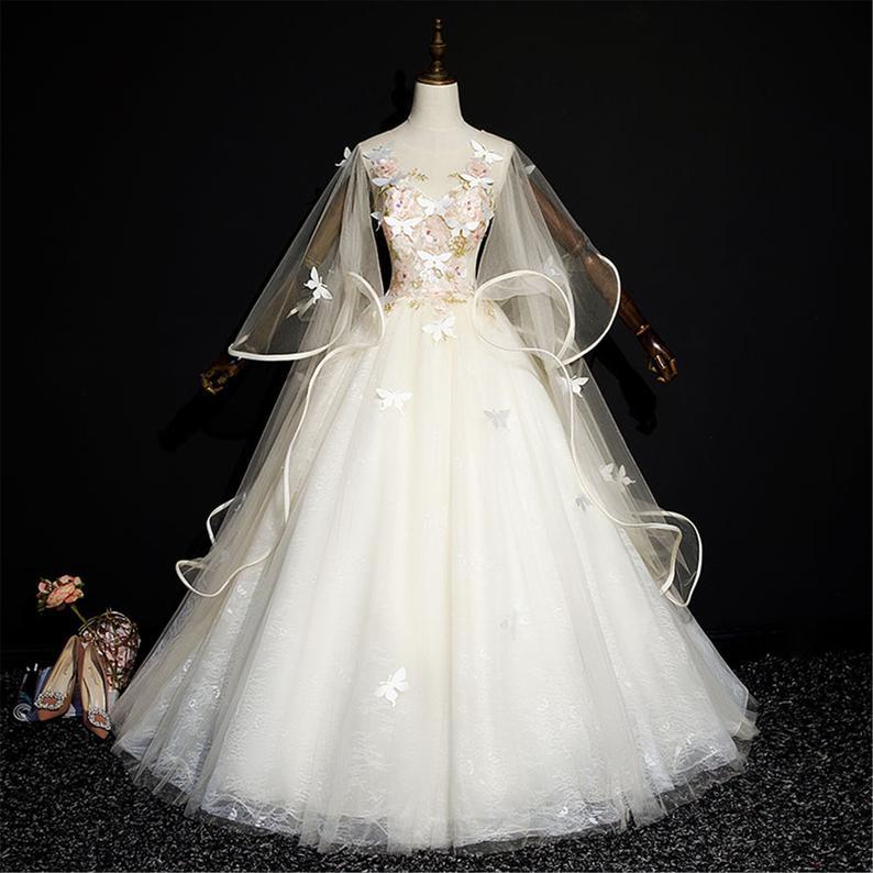 Soft Yellow Quinceanera Dress Fashion Puffy Prom Dress Illusion Sleeves Bridal Gown Corset Wedding Gown Butterfly Appliques Bridal Dress,DS0151