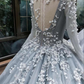 Romantic light grey long sleeves floral lace applique ball gown Evening Dress,DS4353