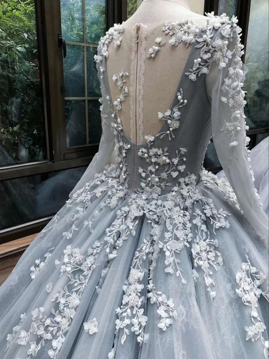 Romantic light grey long sleeves floral lace applique ball gown Evening Dress ,DS4388