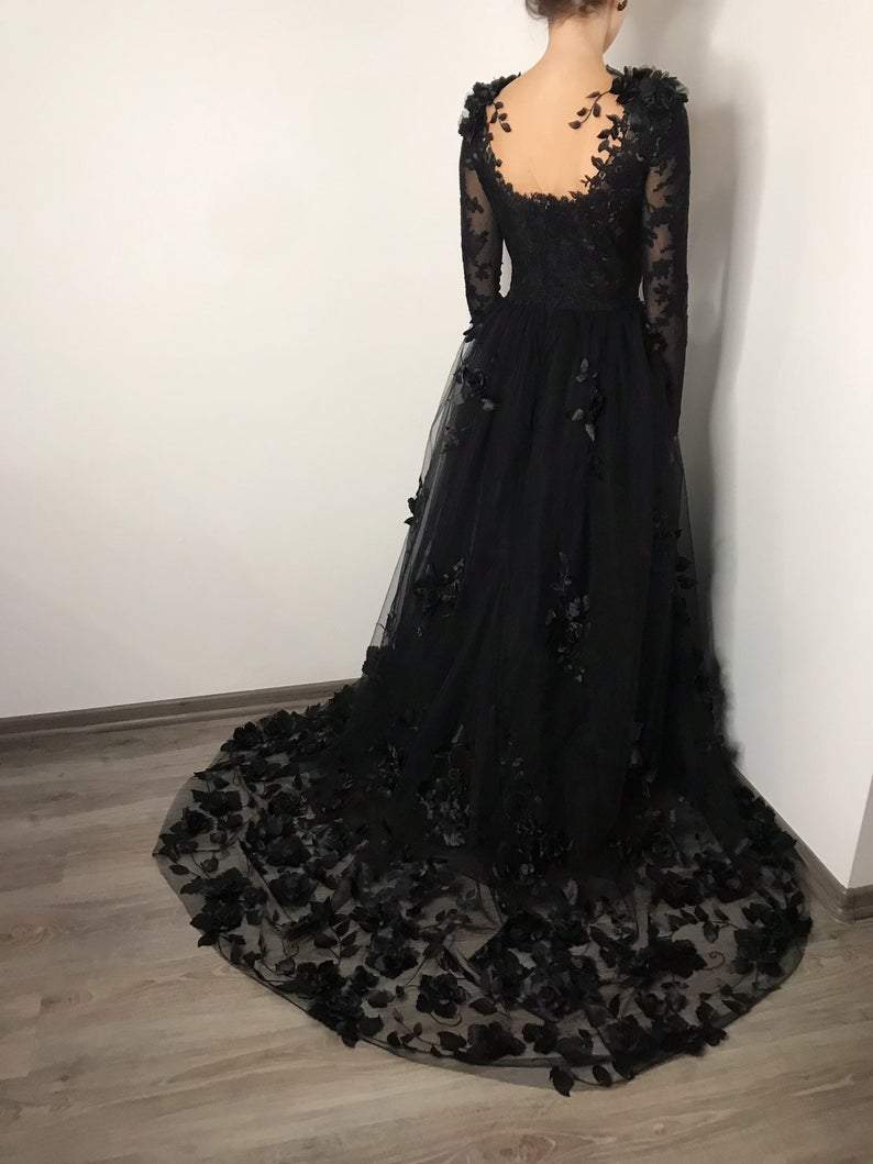 Black floral gothic wedding dress, black flower tulle lace dress, alternative bride dress,DS0051