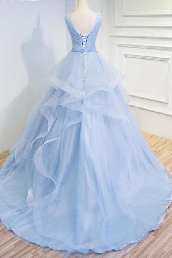 Puffy V Neck Sleeveless Tulle Prom Dress with Appliques, Long Quinceanera Dress,DS0114