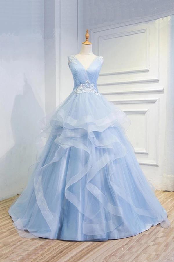 Puffy V Neck Sleeveless Tulle Prom Dress with Appliques, Long Quinceanera Dress,DS0114