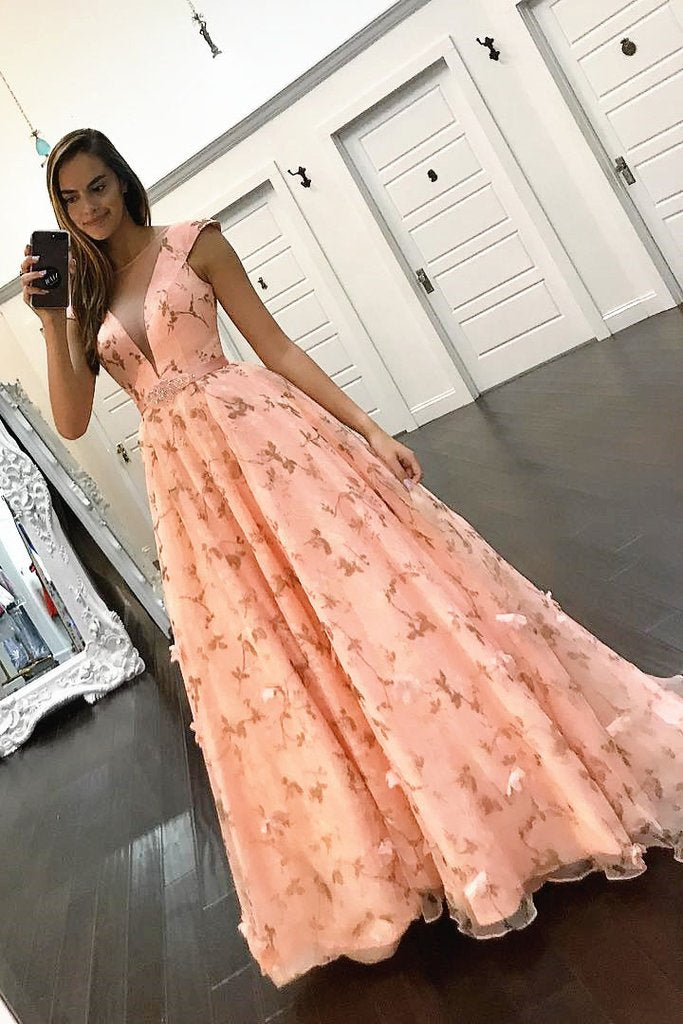 Princess A Line Floral Pink Cap Sleeves Long Prom Dress,DS0779