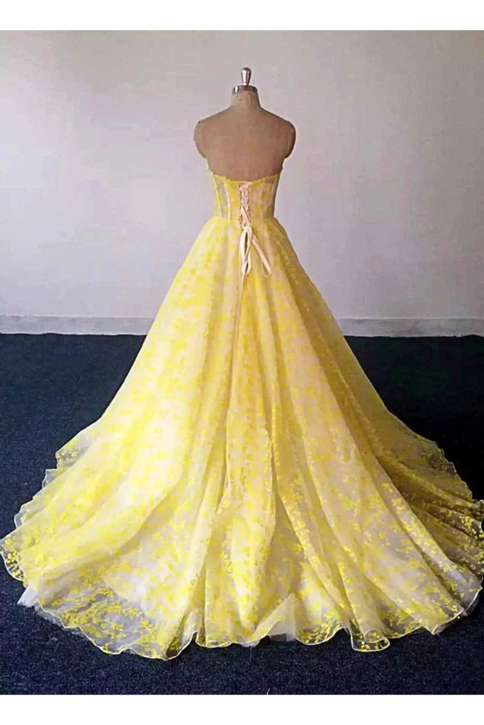 Yellow Lace Sweetheart Long Graduation Dress, A Line Prom Dress For Teens,DS0758