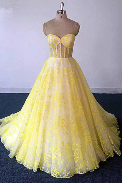 Yellow Lace Sweetheart Long Graduation Dress, A Line Prom Dress For Teens,DS0758