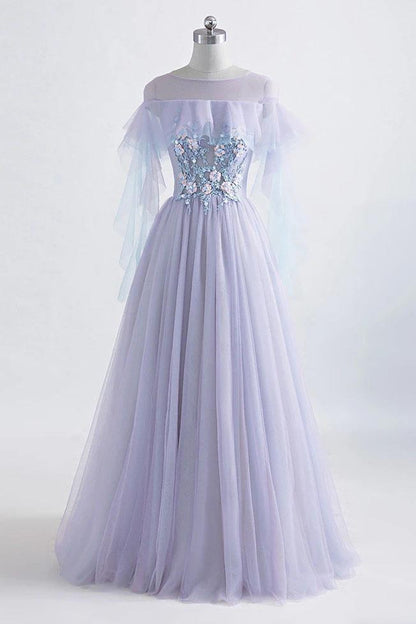 Princess Tulle Jewel Floor-length Prom Dress With Lace Appliques,DS0754