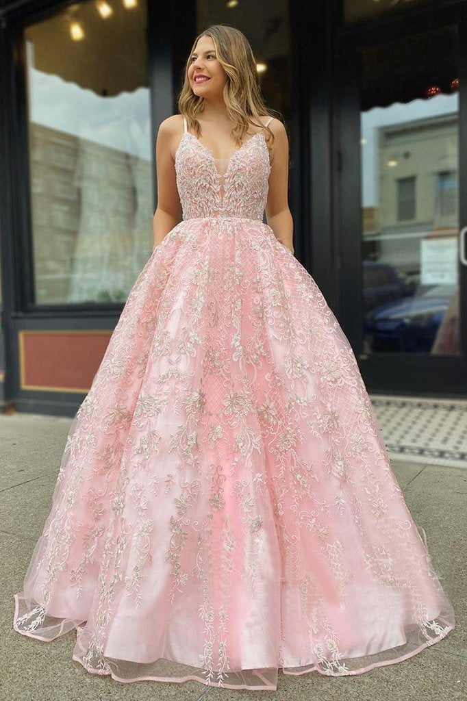 Pink V Neckline Spaghetti Straps Lace Appliqued A Line Long Prom Dress,DS0768