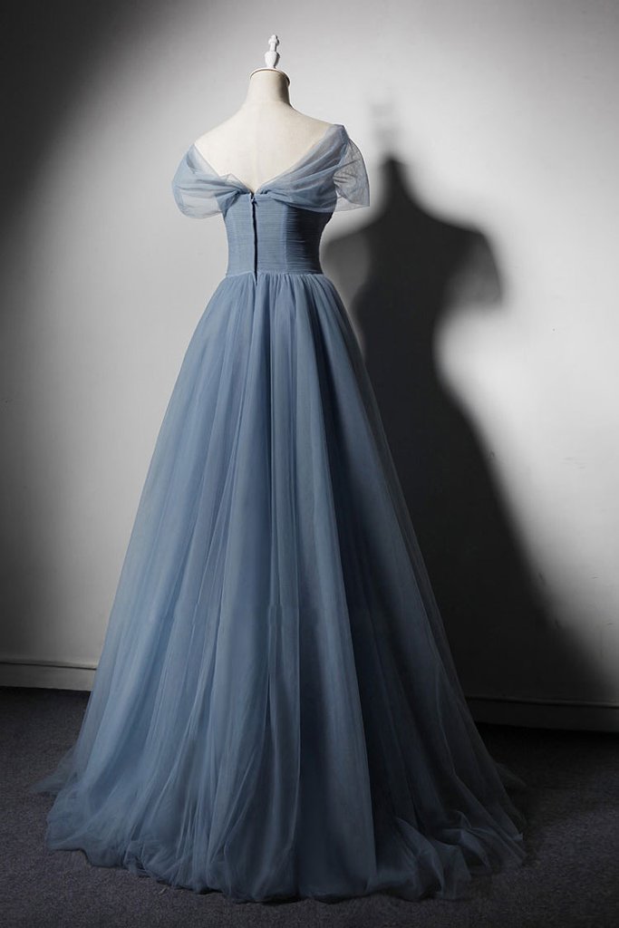 Blue v neck tulle long prom dress, blue tulle formal dress