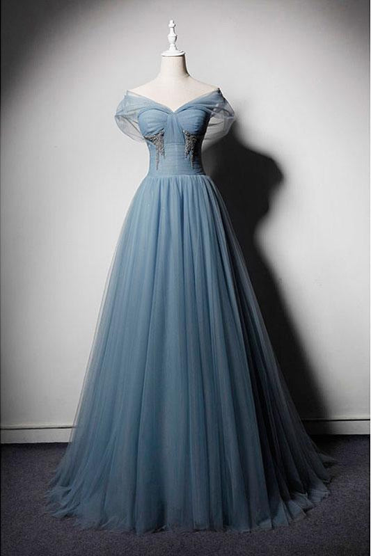 Blue Tulle V Neck Off Shoulder Long Senior Prom Dress, Evening Dress,DS0765