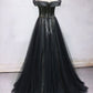 Black Tulle Off Shoulder Sweetheart Long Beaded Prom Dress, Formal Dress,DS0746