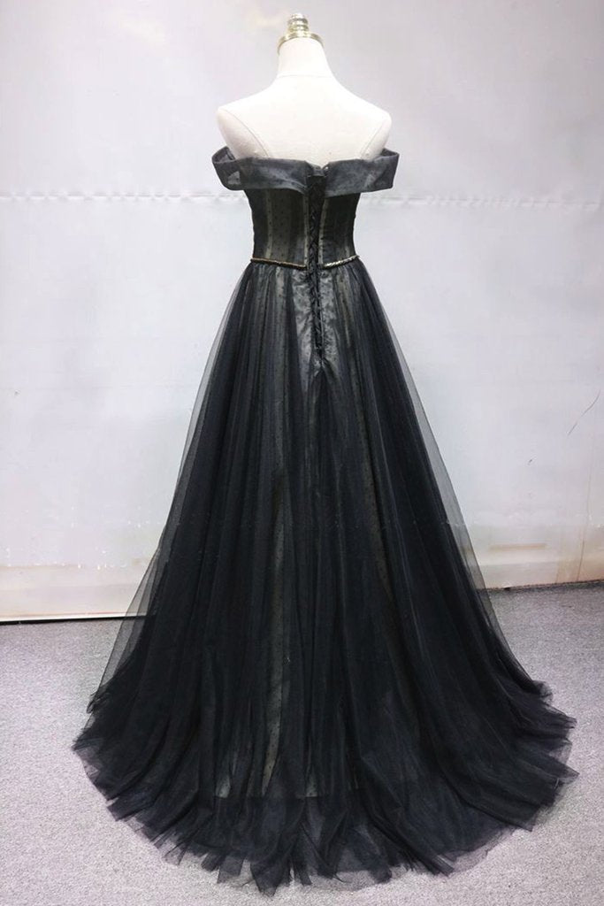Black Tulle Off Shoulder Sweetheart Long Beaded Prom Dress, Formal Dress,DS0746