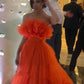 Orange Ruffles Tulle Evening Party Dresses Strapless Tiered Long Prom Dresses,DS0739