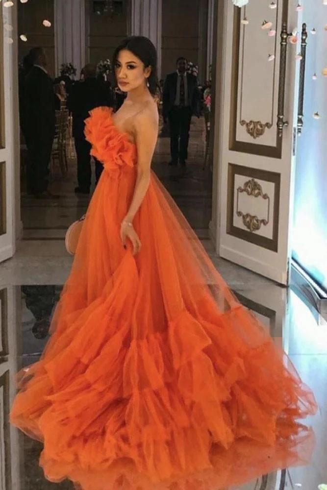 Orange Ruffles Tulle Evening Party Dresses Strapless Tiered Long Prom Dresses,DS0739