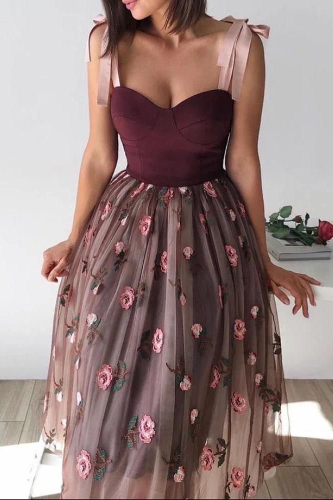 A Line Tulle Short Prom Dresses Floral Skirt Tea Length Women Casual Gowns,DS0737