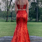 Spaghetti Straps Two Piece Red Sequins Prom Dress with Slit,DS0736