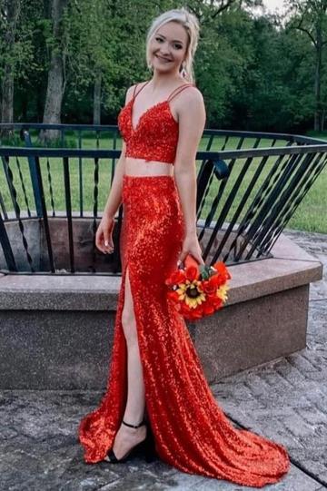 Spaghetti Straps Two Piece Red Sequins Prom Dress with Slit,DS0736