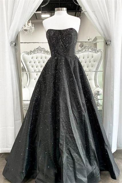 Elegant Strapless Black Long Prom Dress with Crystal,DS0735
