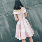 Pink Satin Off Shoulder with Belt Short Prom Dress, Lovely Pink Homecoming Dress,DS0712