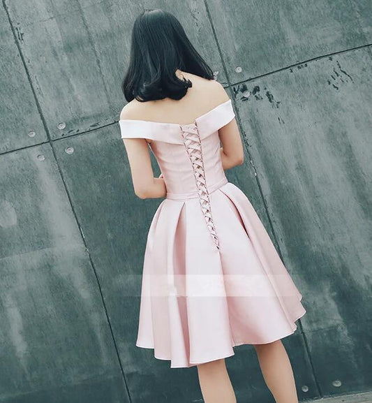 Pink Satin Off Shoulder with Belt Short Prom Dress, Lovely Pink Homecoming Dress,DS0712
