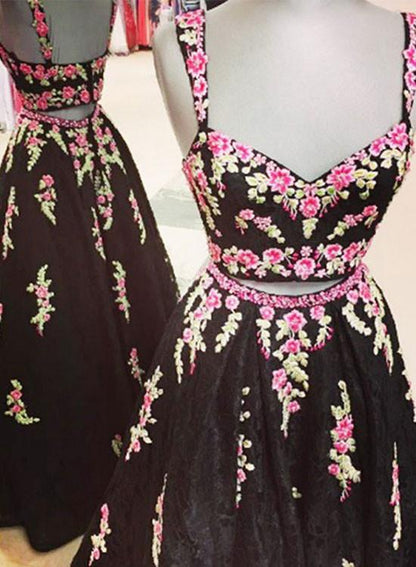 Custom made black two pieces applique long prom dress, black evening dress,DS0695