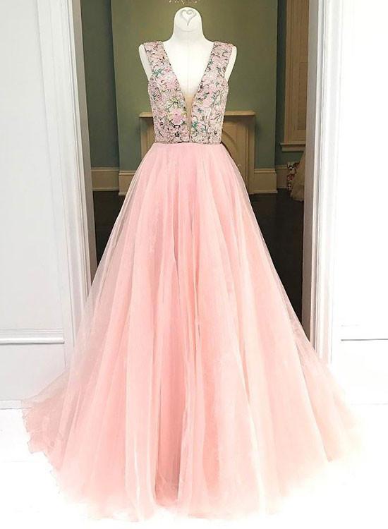 Pink A line v neck tulle prom dress, pink evening dress,DS0705