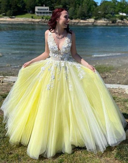 V-neck Tulle Long Prom Dress with Appliques and Beading,Formal Dress,Evening Dress,DS0698