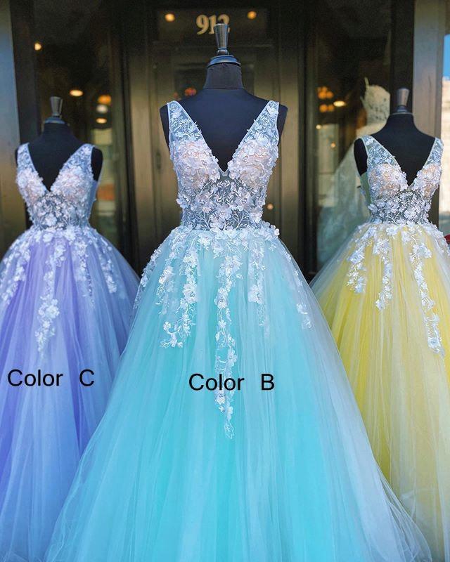 V-neck Ball Gown Long Prom Dresses with Appliques and Beading Fashion Formal Dress,DS0690