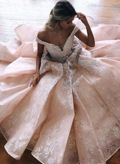 Pink v neck lace long prom dress, pink evening dress,DS0680