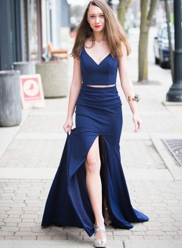 Simple dark blue two pieces long prom dress, evening dress,DS0679
