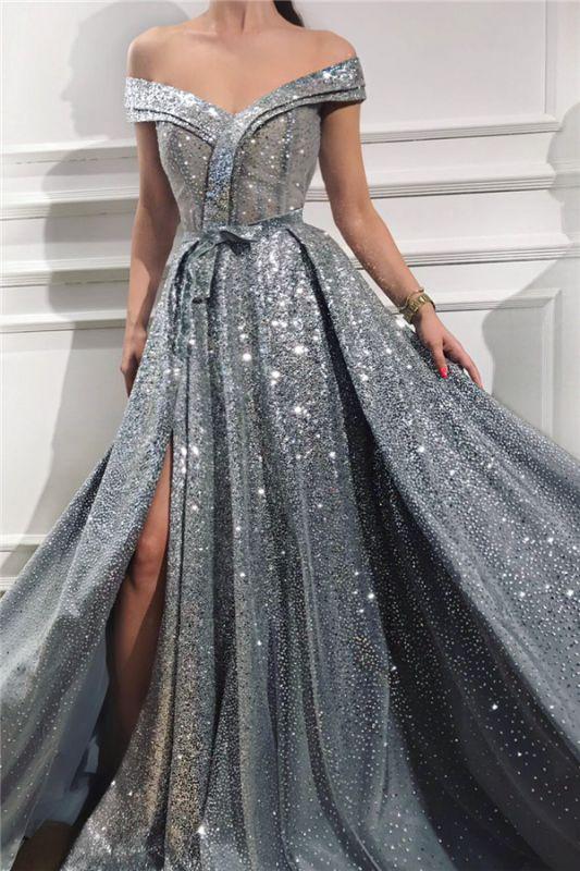 Sparkly Sequins Off the Shoulder Sleeveless Prom Dress Gorgeous Sweetheart Front Slit Shinny Long Prom Dress,DS0672