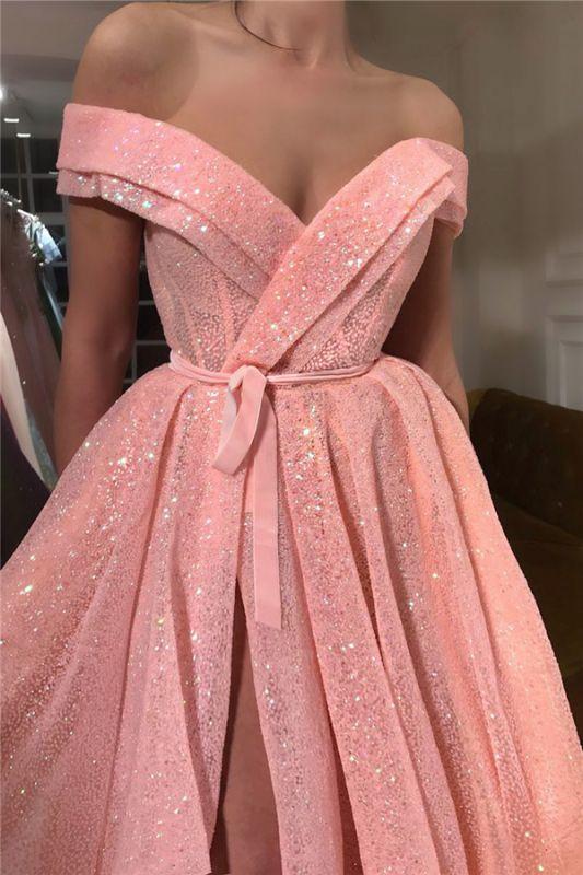 Sparkly Sequins pink Off the Shoulder Sweetheart Prom Dress Sexy Sleeveless Front Slit Long Prom Dress,DS0671