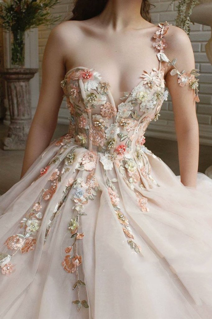 Elegant One Shoulder Champagne Prom Dresses with Flower, One Shoulder Champagne Floral Formal Evening Dresses,DS0670