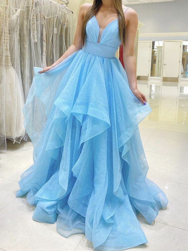 Shiny A Line V Neck Blue Long Prom Dresses, Blue V Neck Long Formal Evening Dresses,DS0669