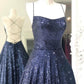 Shiny Backless Navy Blue Long Prom Dresses, Shiny Open Back Navy Blue Long Formal Evening Dresses,DS0665
