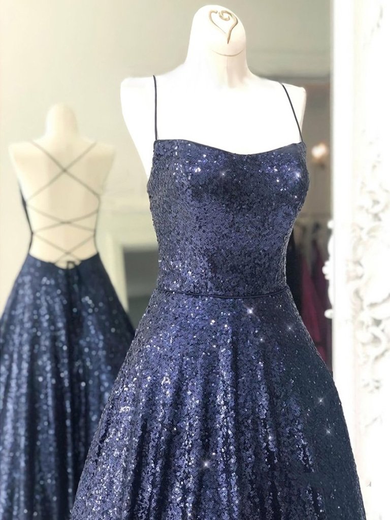 Shiny Backless Navy Blue Long Prom Dresses, Shiny Open Back Navy Blue Long Formal Evening Dresses,DS0665