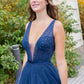 A Line V Neck Navy Blue Tulle Prom Dresses, V Neck Dark Blue Tulle Long Formal Evening Dresses,DS0664