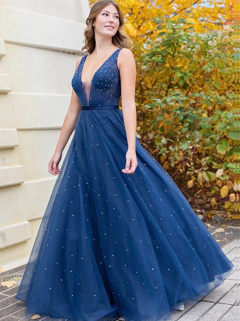 A Line V Neck Navy Blue Tulle Prom Dresses, V Neck Dark Blue Tulle Long Formal Evening Dresses,DS0664