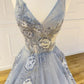Gray tulle lace long prom dress evening dress,DS0651