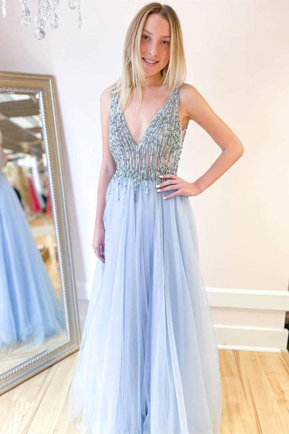 A-Line V-Neck Sky Blue Beaded Long Prom Dress,DS0636