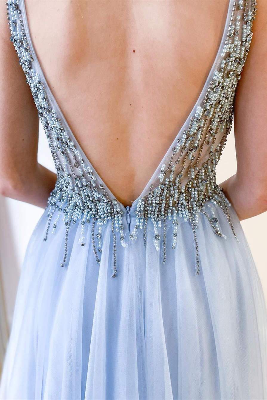 A-Line V-Neck Sky Blue Beaded Long Prom Dress,DS0636