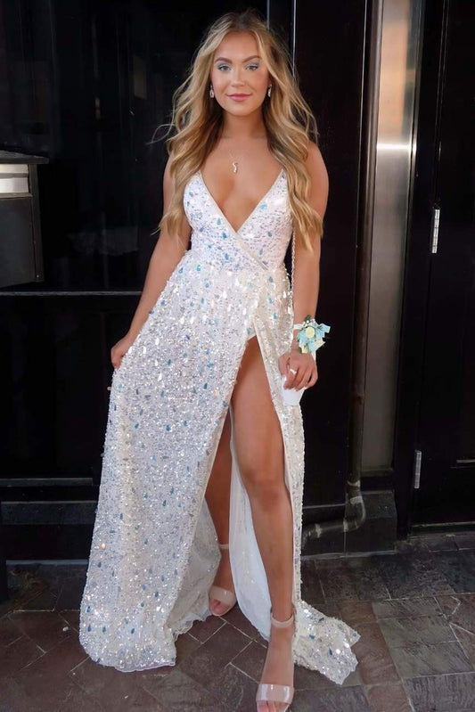 Sexy Deep V-Neck White Sequined Prom Gown,DS0631