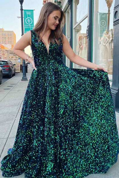 Sparkey Dark Green Sequins Long Prom Dress with Pockets,DS0627