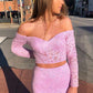 Off the Shoulder Pink Lace Long Prom Dress,DS0625