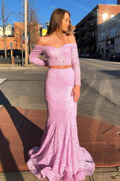 Off the Shoulder Pink Lace Long Prom Dress,DS0625
