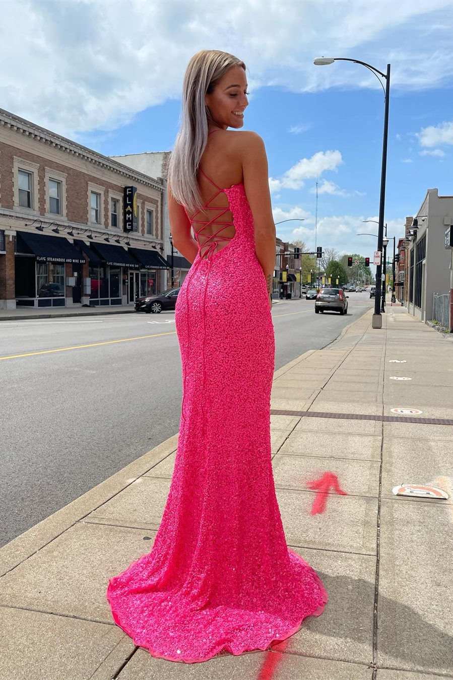 Glitter Straps Hot Pink Sequins Prom Gown with Slit,DS0624