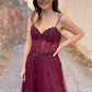 A-Line Spaghetti Straps Plum Beaded Long Prom Dress,DS0622