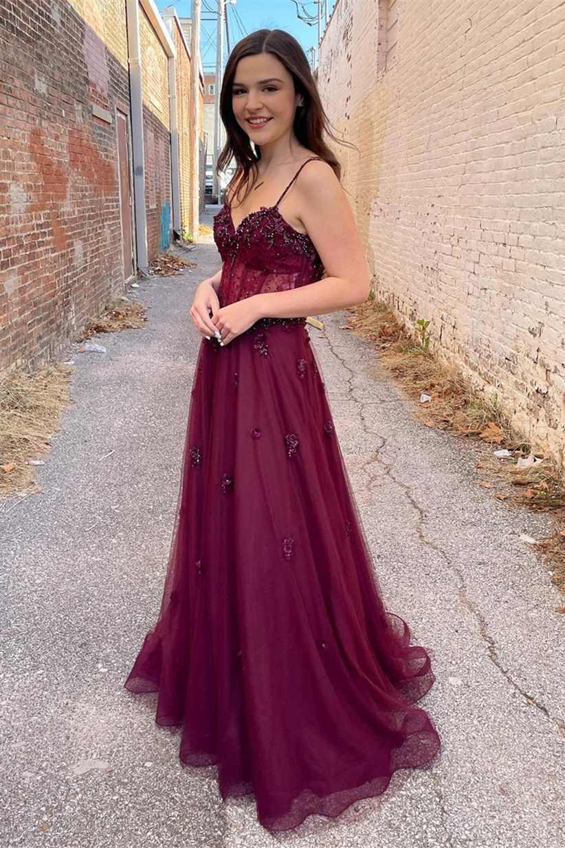 A-Line Spaghetti Straps Plum Beaded Long Prom Dress,DS0622