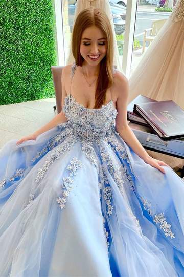 Elegant Light Sky Blue Long Prom Dress with Appliques,DS0620