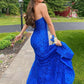 Strapless Royal Blue Lace Prom Dress with Slit,DS0616