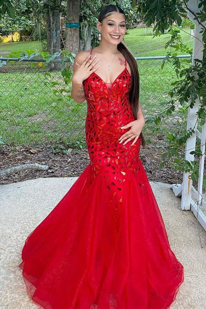 Straps Trumpet Red Sequins Long Prom Dress,DS0615